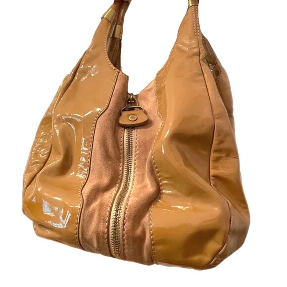 Jimmy Choo "Mandah" Camel Patent Leather & Suede Expandable Hobo Bag w/ COA - Picture 14 of 14